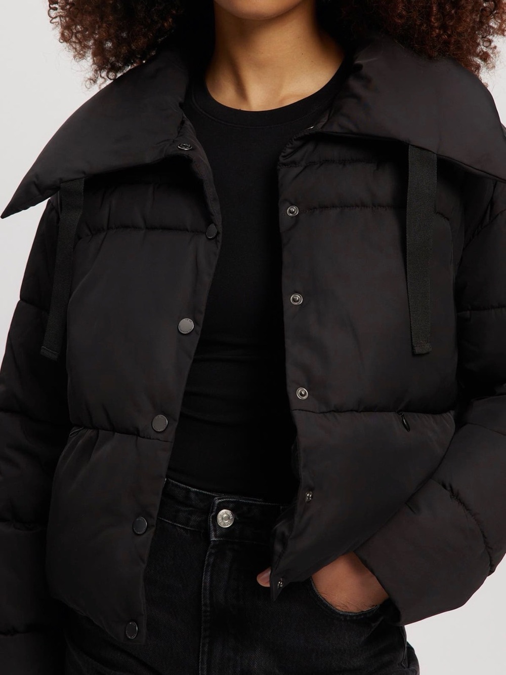 Noize Black Puffer Jacket with Oversized Collar